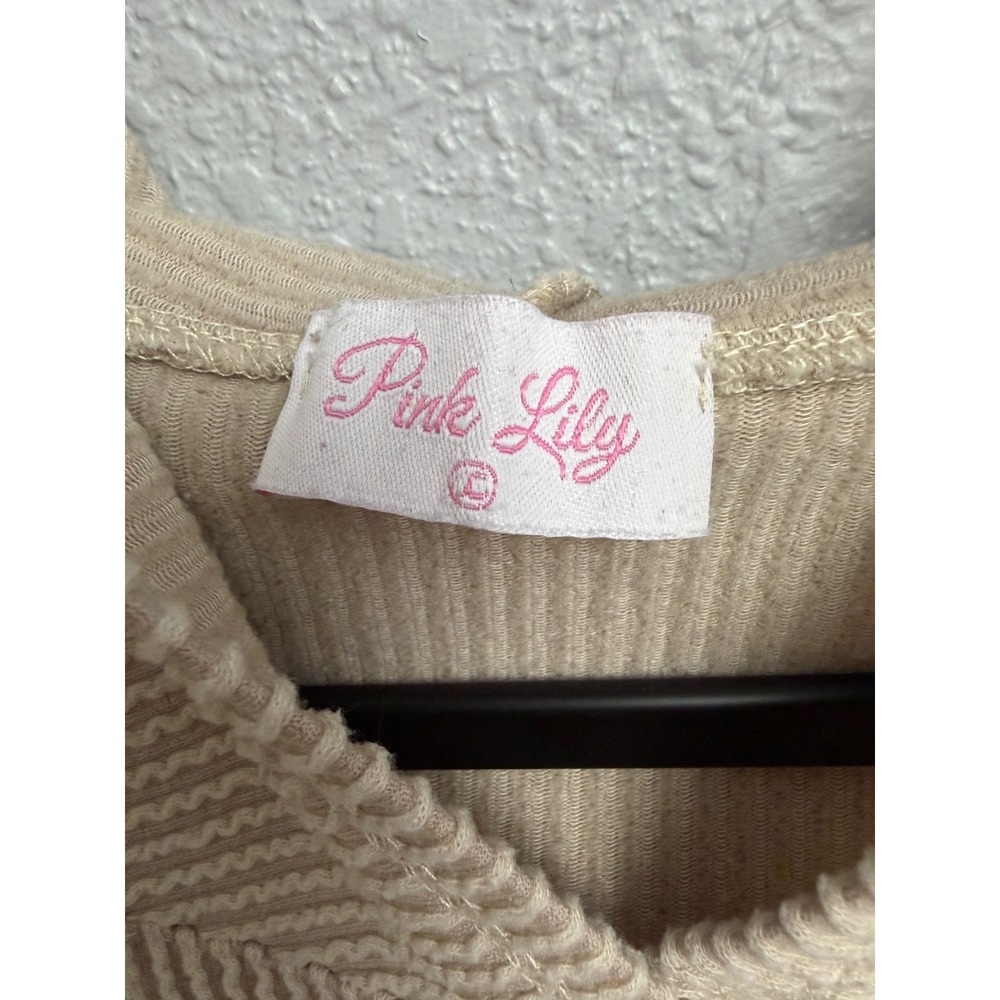 Pink Lily Tan Beige Waffle Knit Batwing Sleeve Hoodie Sweatshirt Large - Picture 2 of 7